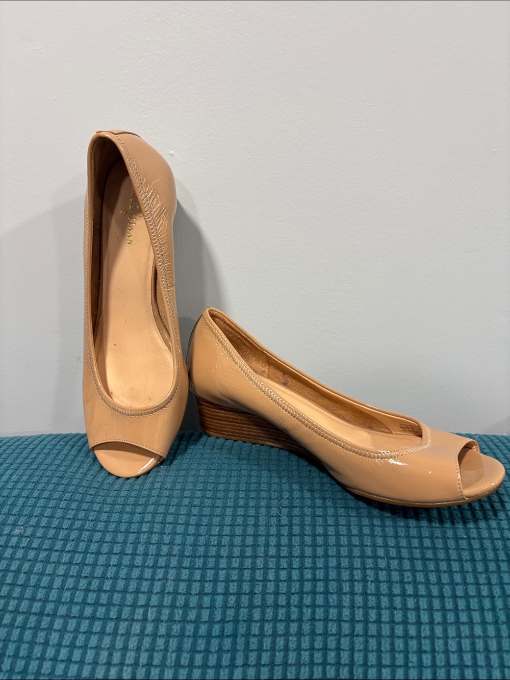 Women’s Cole Haan Tan Patent Peep-Toe Wedge Pumps